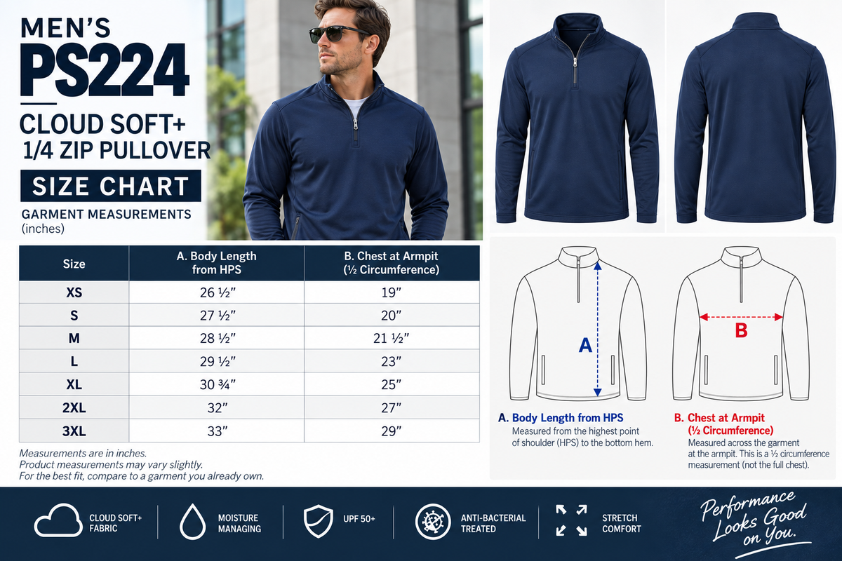 PS224 1/4 zip pullover garment size chart