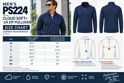 PS224 1/4 zip pullover garment size chart
