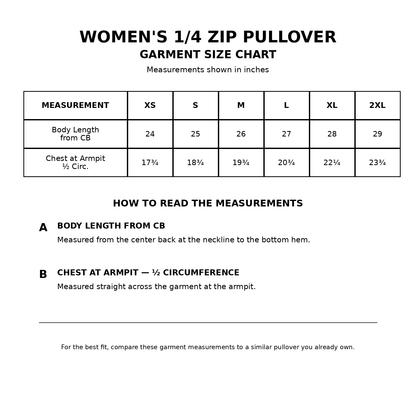 Women's PS225 quarter zip pullover size chart XS through 2XL